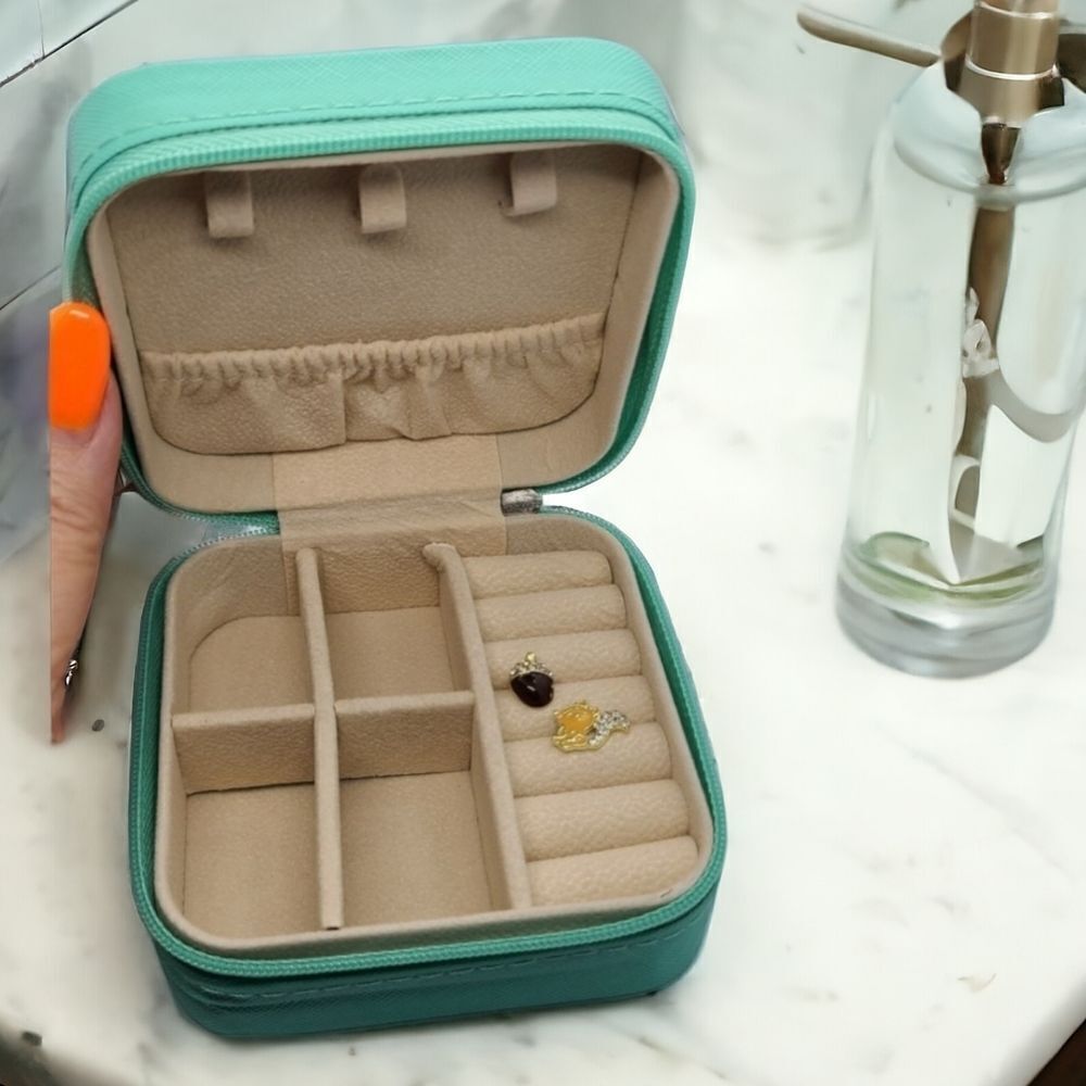Mint Travel Jewelry Box Faux Leather Zipper Organizer Case Portable Square Gift